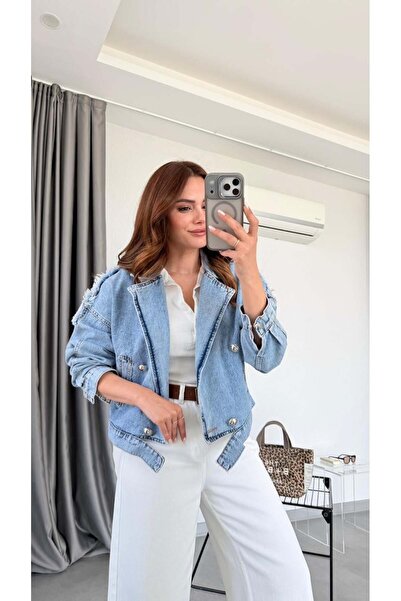 pelin yıldız butik Mavi Fernan Arkası Yazı Detaylı Kot Ceket