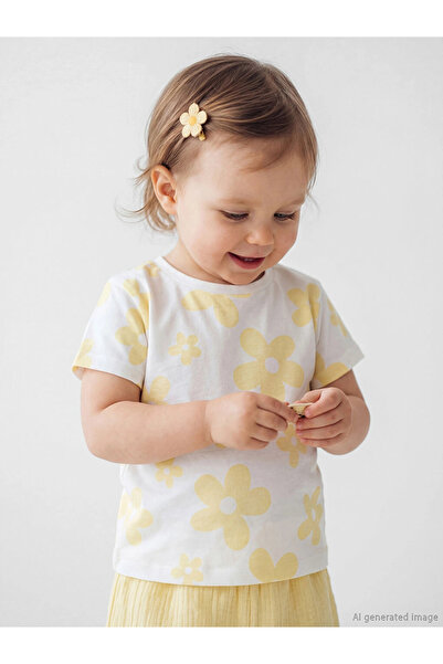 LC Waikiki Lcw Baby Ecru Floral Printed Baby Girl Combed Cotton T-Shirt