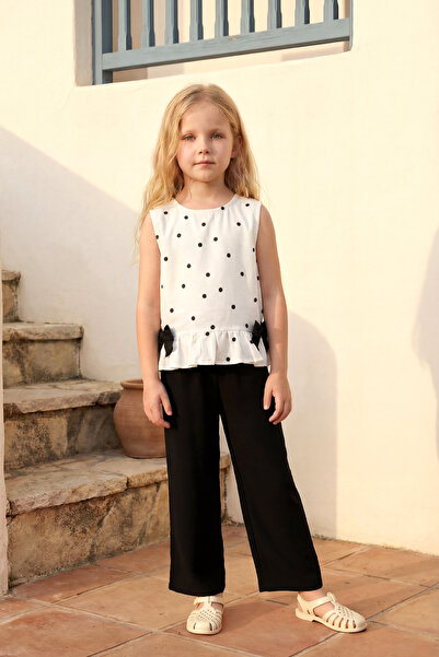 Minipodyum Girl's Top and Bottom Set Summer Sleeveless Bow Detail Polka Dot Ecru