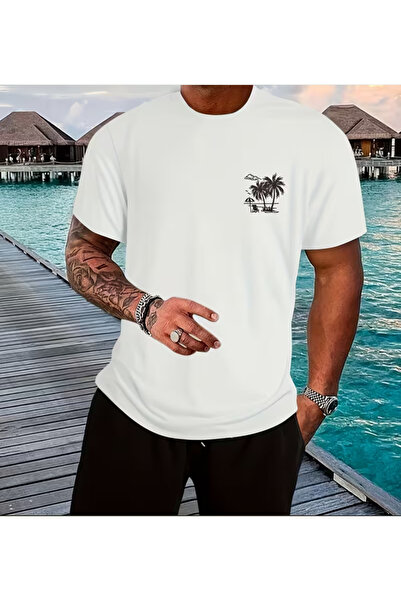 LİNA06 Men's 100% Cotton T-Shirt, Simple Print Design, Basic Cotton Top for Men