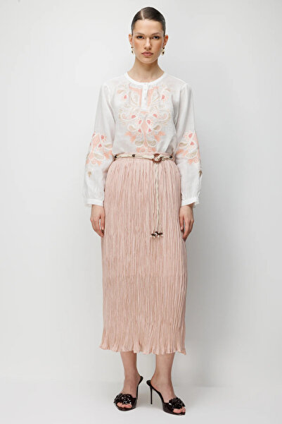 Ekol Ornamental Belted Cotton Maxi Skirt-3908