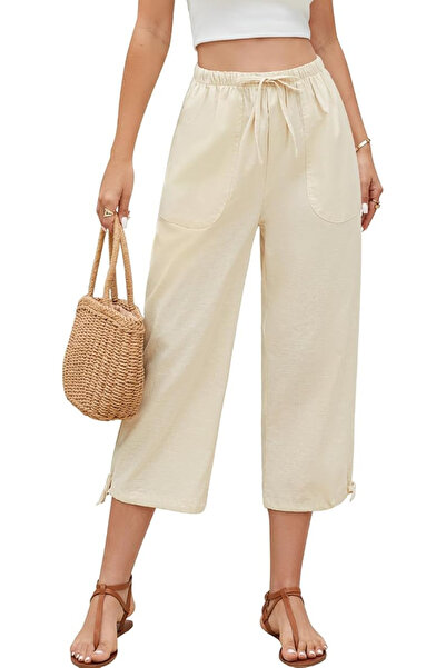 OEM Pantaloni largi casual pentru femei, cu buzunare și talie elastică, bej M