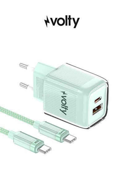 Volty Hızlı Şarj Adaptörü 35W GaN + Type-C Kablo 60W PD | USB-C & USB-A, Lapt...