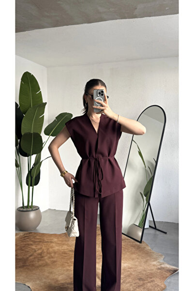 asfamoda Kadın Bordo Düğmeli Bağlamalı Yelek Pileli Palazzo Pantolon Takım Ba...
