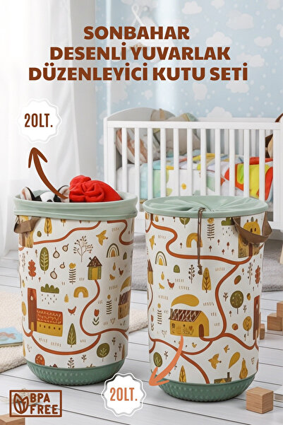 Nandy Home Set of 2 Autumn Patterned Round Organizer Baskets - 20L – with Dra...