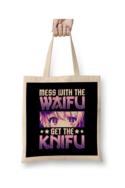 dekado Mess With The Waifu Get The Knifu Cute Anime Girl Tote Bag Long Handle