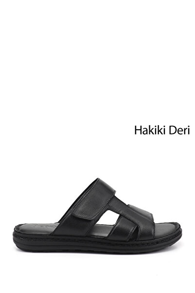GÖNDERİ(R) Men's Black Velcro Strap Genuine Leather Slippers