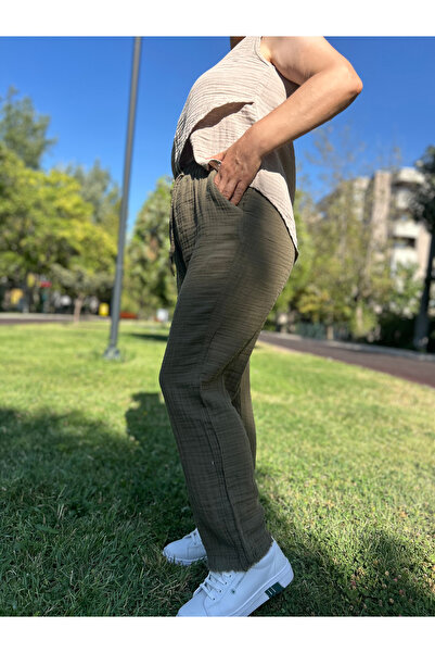 AYDESİGN Χακί 100% βαμβακερό ύφασμα μουσελίνας Γυναικείο παντελόνι με φαρδιά ...