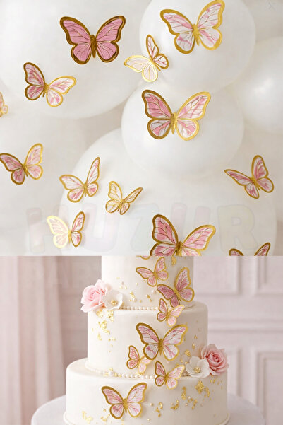 Huzur Party Store 63 Adet Kelebek Pasta ve Balon Zinciri Süsü Pembe 4-6 Cm Gold Yaldızlı Sert Karton Parti Süs