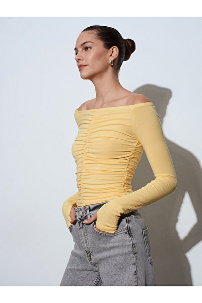 Dilvin 32089 Off-The-Shoulder Gathered Top-Yellow