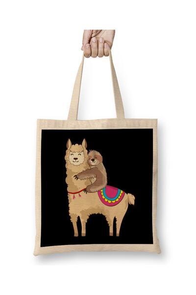 dekado Sloth Riding Llama Hugging Animal Friends Tote Bag Long Handle