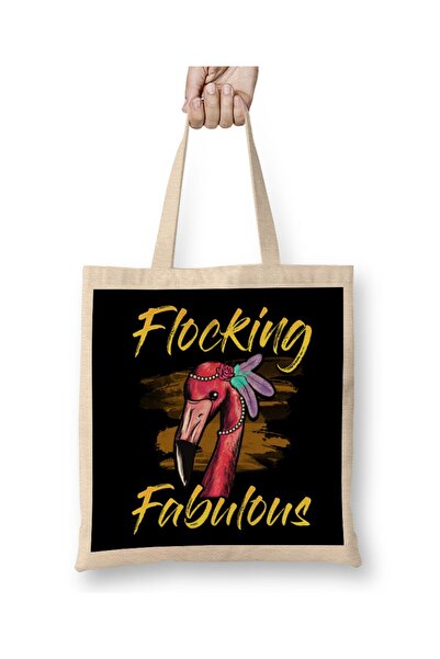 dekado Cute & Funny Flocking Fabulous Flamingo Pun Tote Bag Long Handle