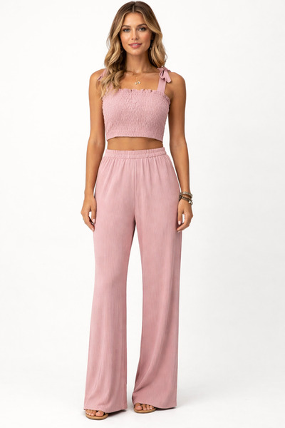 Trend Mixs Büzgülü Crop Bol Paça Yüksek Bel Pantolon Takım Yazlık Şık Kadın K...