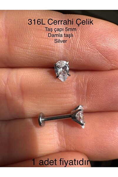Bylin 316 L Cerrahi Çelik Damla Zirkon Taşlı Kulak, Dudak Labret Piercing Tak...