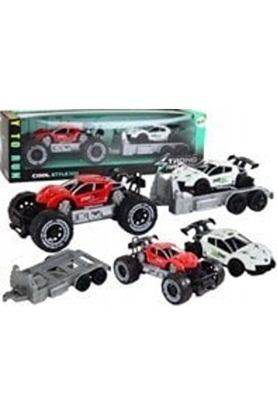LeanToys Set cu mașină roșie de teren și camion de tractare alb pentru mașini...