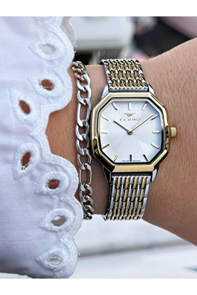 FERRO ساعة يد نسائية بحزام فولاذي أصفر وفضي FL21766A-D مقاومة للماء 3ATM مع ض...