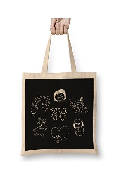 dekado Bts Bt21 رسم حقيبة قماش بيضاء مقبض طويل