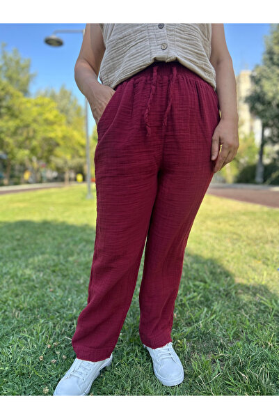 AYDESİGN Burgundy 100% Cotton Muslin Fabric Women's Carrot Leg Pants