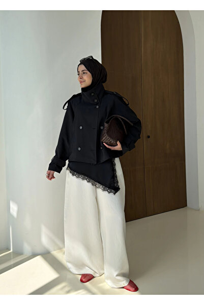 MODA AKSA 004 DİK YAKA KISA KUŞAKLI TRENÇKOT SİYAH