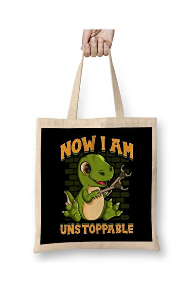 dekado I Am Unstoppable TRex Funny Short Dinosaur Arms Tote Bag Long Handle