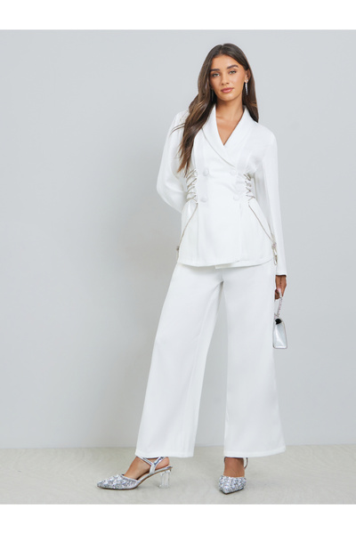 Styli White Wide Leg Trousers with Chain Link Detail