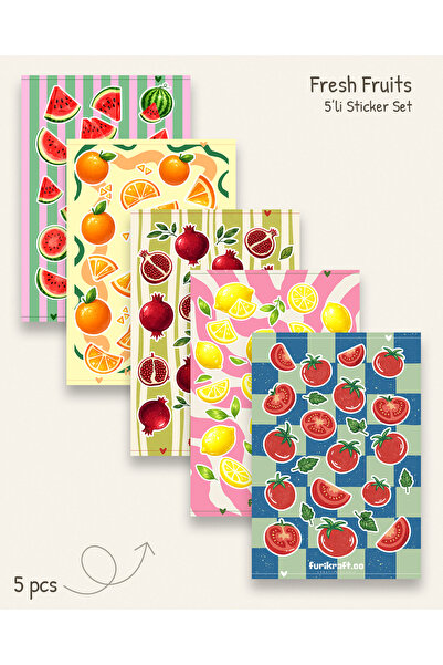 furikraft.co Fresh Fruits Meyve Sticker Seti (5’li)– Laptop Sticker, Defter S...