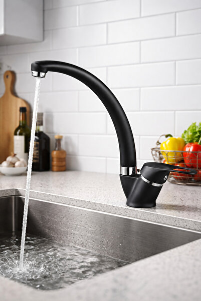 ELMİNA ARMATUR Matte Black Kitchen Faucet with Double Water Inlets 360 °   Lu...