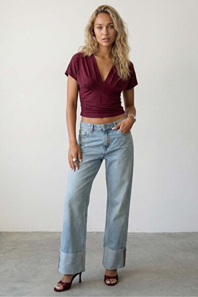 Madmext Burgundy Gathered Double Breasted Collar Sandy Blouse Mg2781