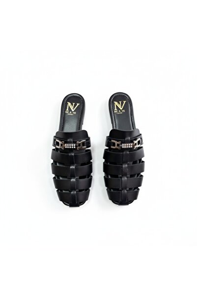 NE&VE SHOES Siyah Deri Aksesuar Detaylı Kadın Kare Burun Sabo Terlik