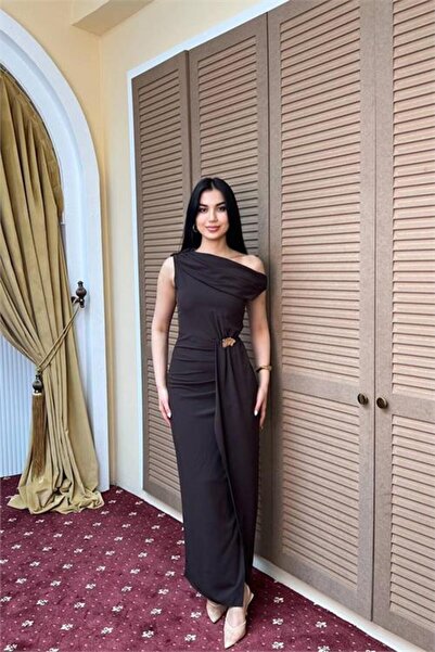 Neşeli Butik Women's Brown One-Shoulder Waist Buckle Detailed Slit Premium Dr...