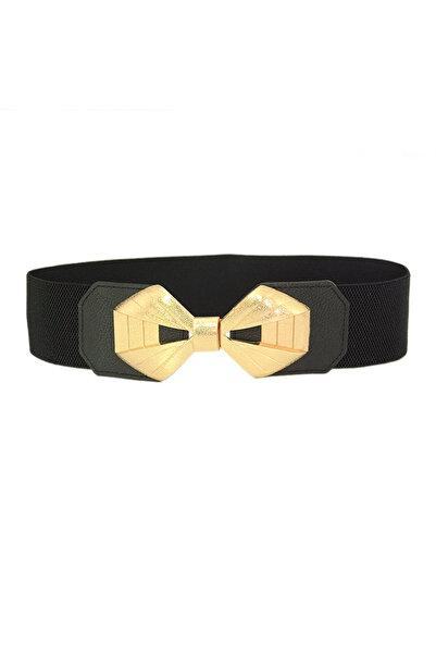 OEM Women's elastic belt, gold metal buckle with bow, eco-leather, black