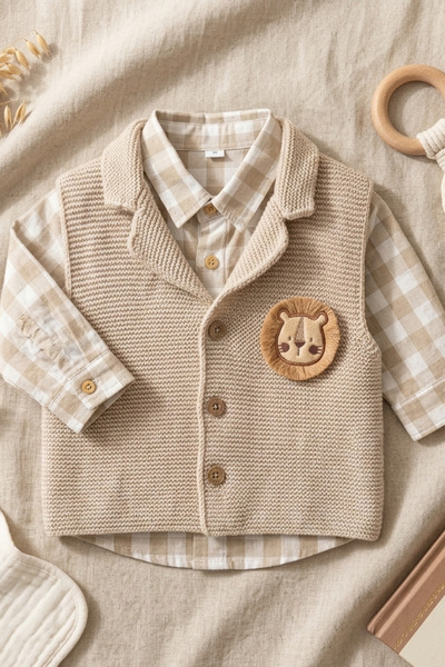 BABYİLAY Baby Boy 3-Piece Set with Lion Figure Knitted Vest; Knit Vest, Shirt, and Denim Pants