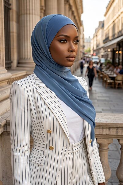 Aisha's Design Tesettür Boneli Kullanımı Rahat Pratik Şifon Şal,PS-53,İndigo