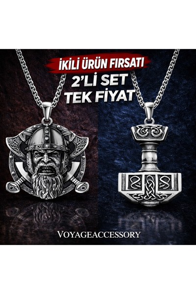 voyageaccessory Set of Two Stainless Steel Viking Warrior and Mjolnir Thor Ha...