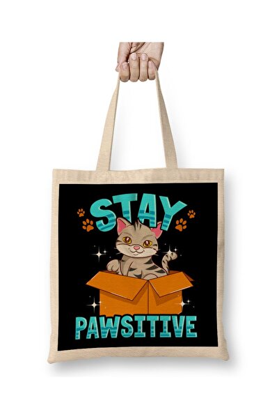 dekado Cute & Funny Stay Pawsitive Kitty Cat Positive Pun Cloth Bag Long Handle