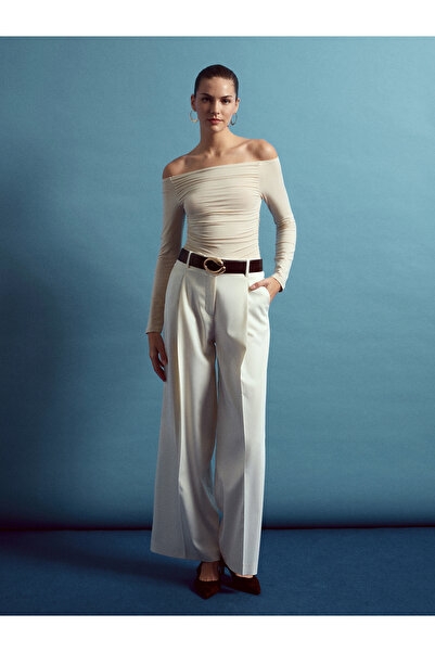 Dilvin 72657 Pileli Geniş Paça Pantolon-Ekru