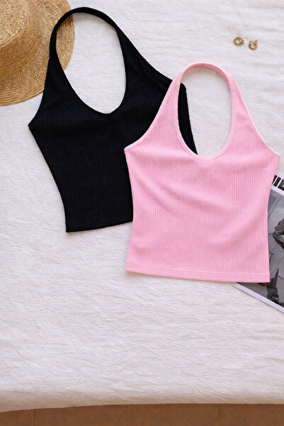 ÖZ PAMUK Γυναικεία μπλούζα με χιαστί λαιμόκοψη, αμάνικη, 2 τεμαχίων, ριμπ, βα...