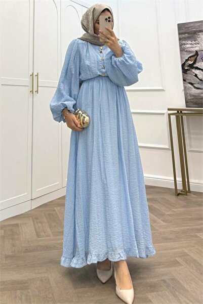 Neşeli Butik Women's Baby Blue Skirt with Ruffles and Button Details Cotton L...