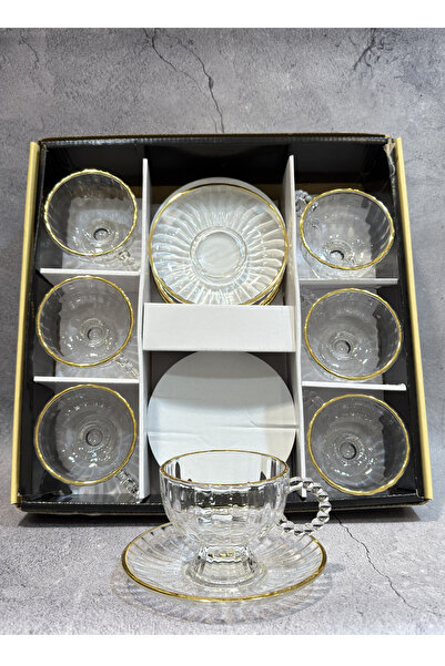 ALQANNAS 6-Piece Tea Cup Set with 6 Saucers, Crystal Glass with Gold Line Design