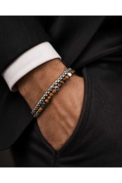 OutfitModa Κομψό σετ για άνδρες – φυσική πέτρα Tiger Eye και ανοξείδωτο ατσάλι