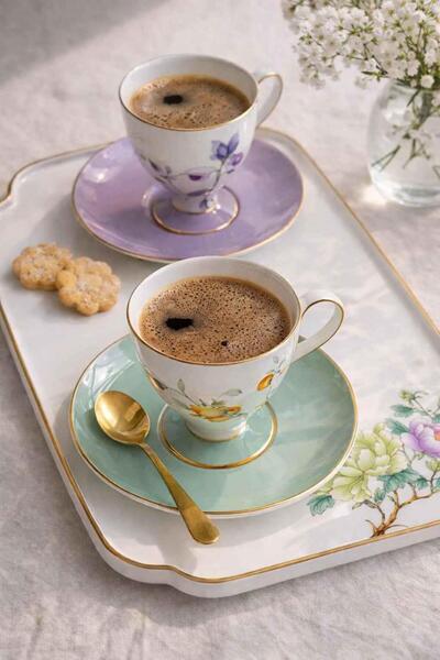 ROSSEV Porcelain Turkish Coffee Cup Set for 2 People 7 Pieces Glory
