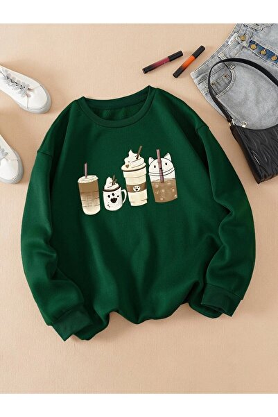 EYAX MODA Brown Green Black Crew Neck Printed Oversize Sweatshirt