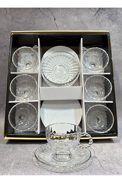 ALQANNAS 6-Piece Tea Cup Set with 6 Saucers, Crystal Glass with Silver Line D...