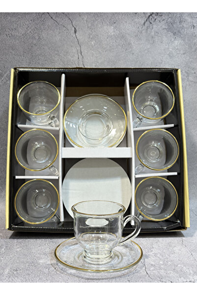 ALQANNAS طقم اكواب شاي 6 حبة مع 6 صحون قزاز كريستال علئ خط ذهبي