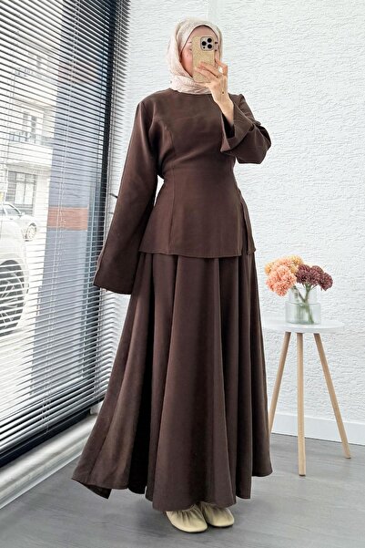 MELEK ARAZ Pinterest Soft Line Σετ Φούστας με Λεπτομέρεια Σκίσιμο - Καφέ