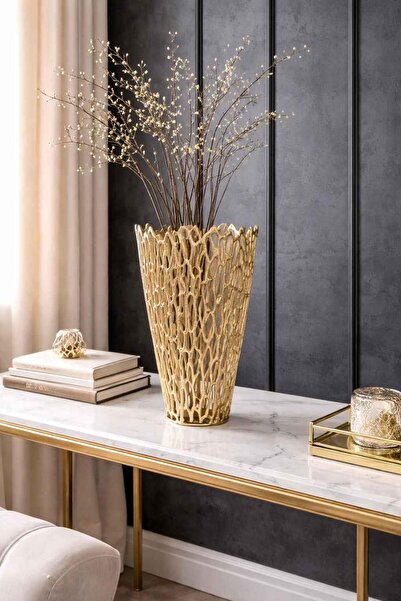 ROSSEV Vazo Küçük Boy Antik Eskitme Altın Salon Aksesuarı