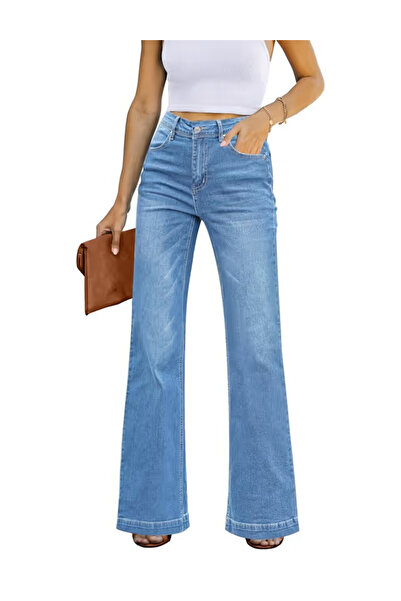 OEM Light blue straight-leg jeans for women, with pockets, flared at the bott...