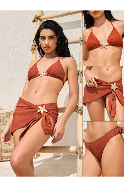 Styli Pack of 3 - Textured Tie Back Padded Triangle Bikini, Brief and Wrap Sk...