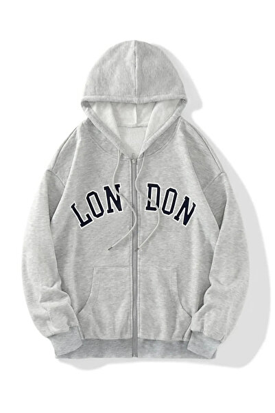 EYAX MODA Lon Don Baskılı Fermuarlı Kapüşonlu Oversize Sweatshirt