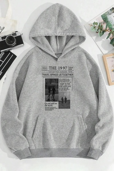 EYAX MODA Unisex Büyük Beden Baskılı Kapüşonlu Sweatshirt